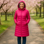 Helsa long pink puffer jacket, front view