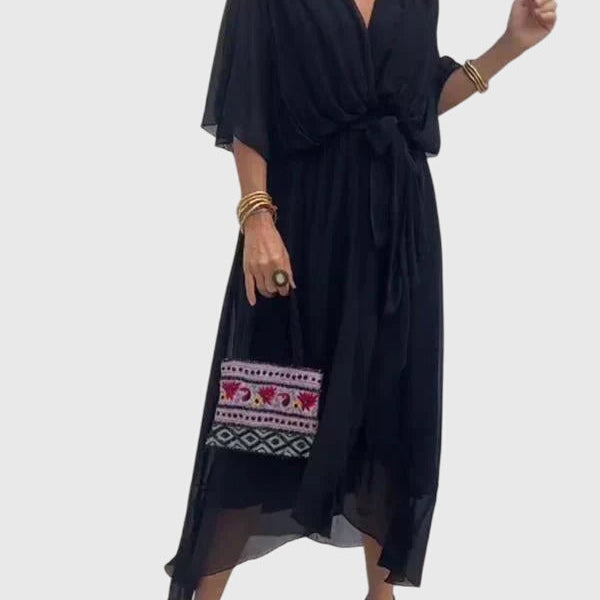Bethany elegant V neck midi dress in Black, view 2