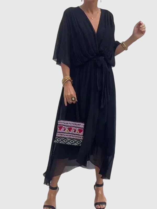 Bethany V neck belted midi dress in Black, view 2
