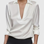 Calvina satin V-neck blouse in White, view 2
