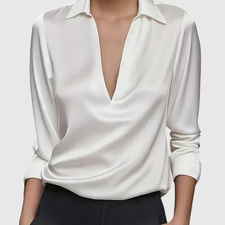Calvina satin V-neck blouse in White, view 2