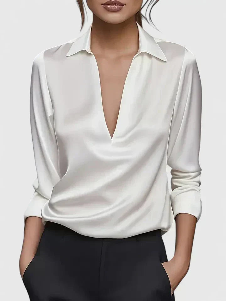 Calvina satin V-neck blouse in White, view 2