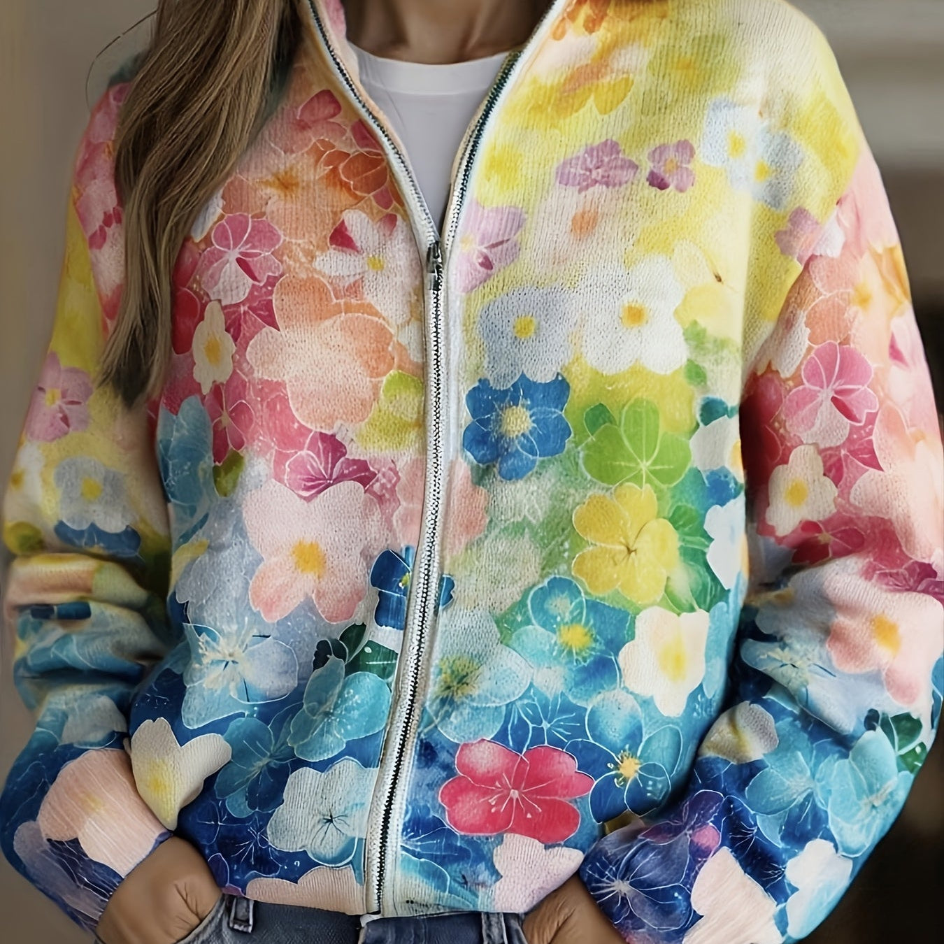 Natalie watercolour floral zip-up cardigan, front view