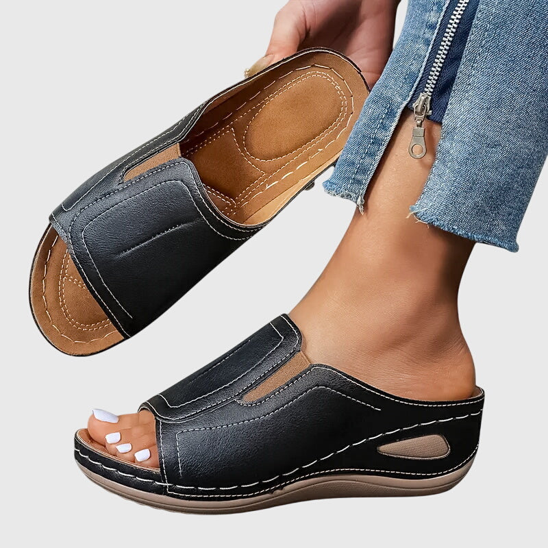 Aretha Orthopaedic Wedge Slide Sandals in Black, view 6