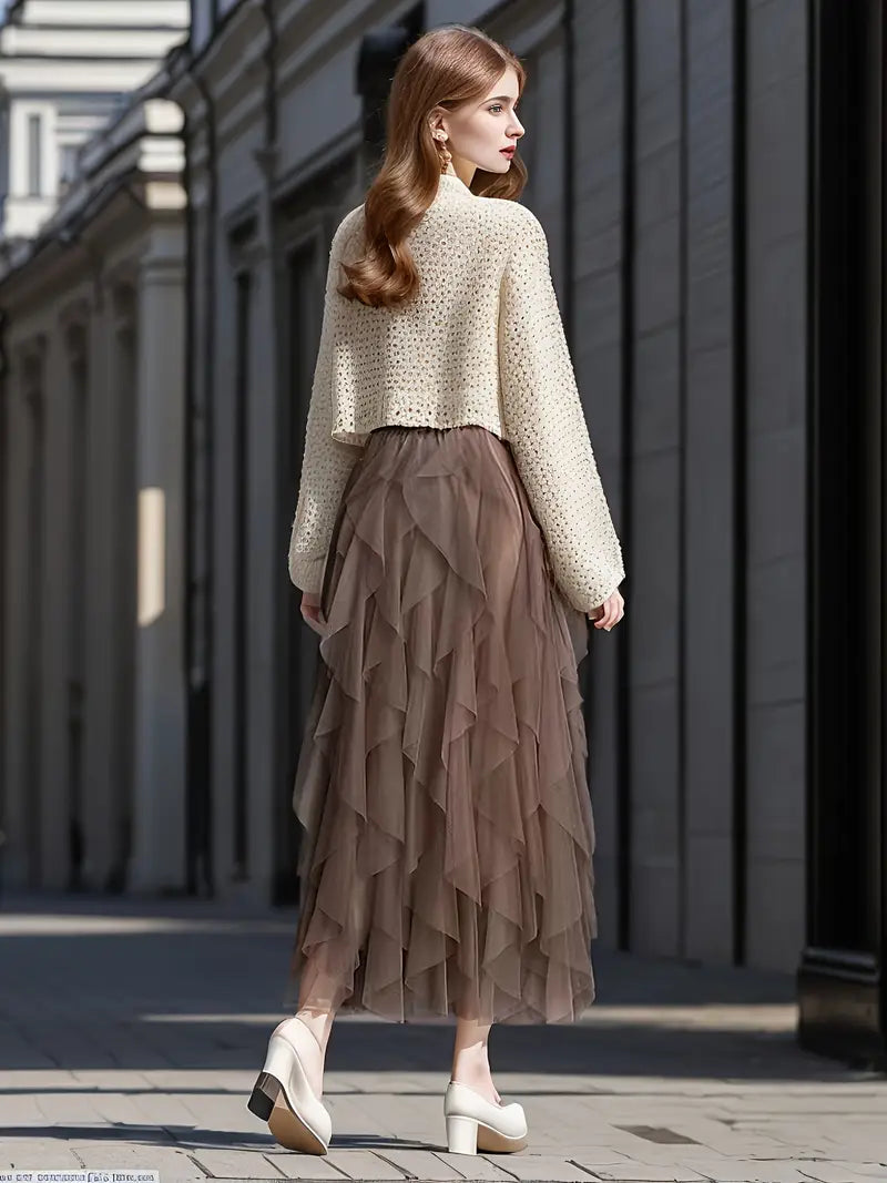Cecil mesh layered tutu skirt in Coffee, view 5