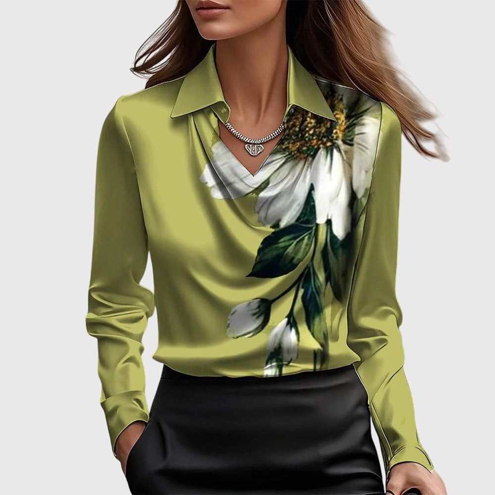 Brooklyn elegant satin cowl neck blouse in Green, view 7