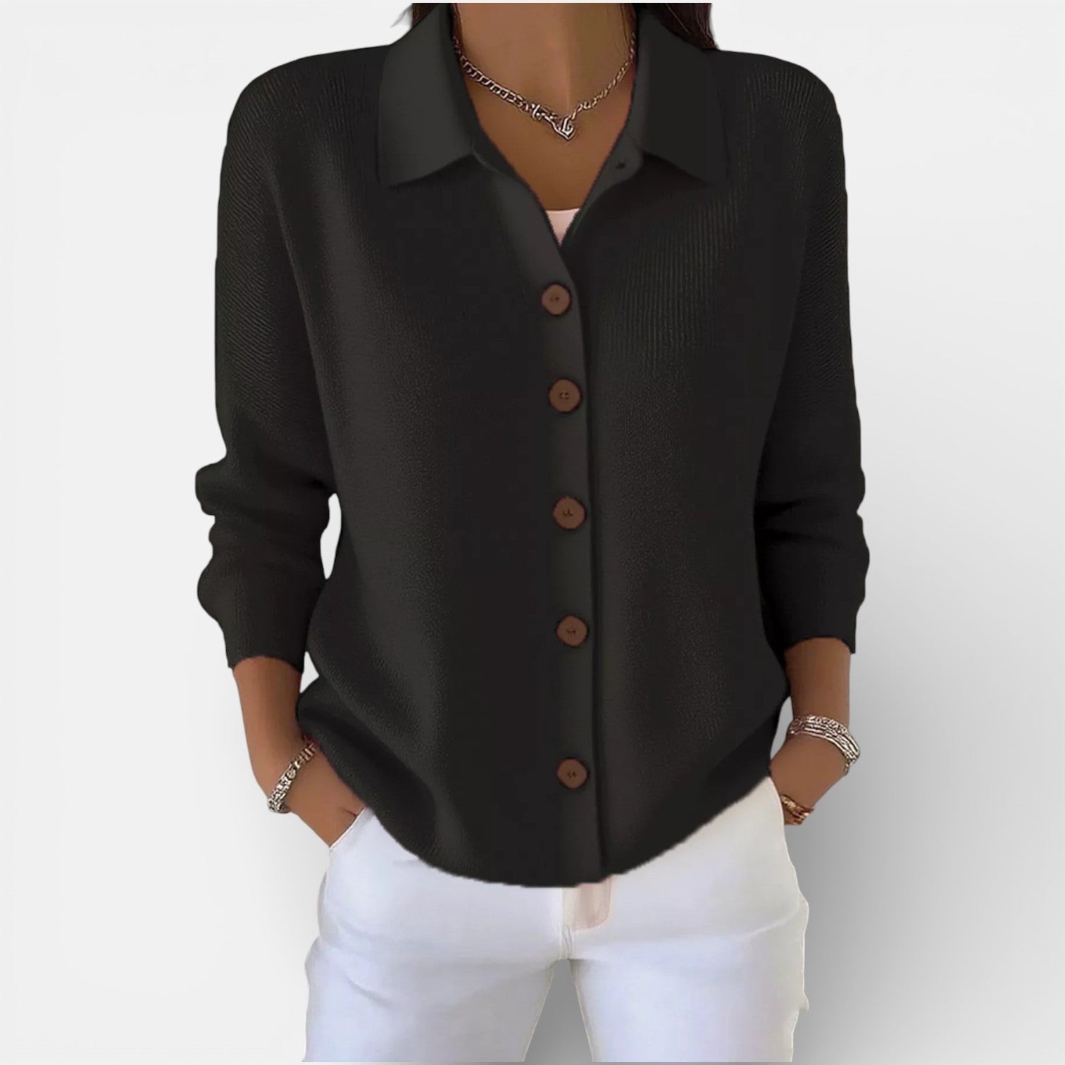 Merry knitted button blouse in Black, view 8