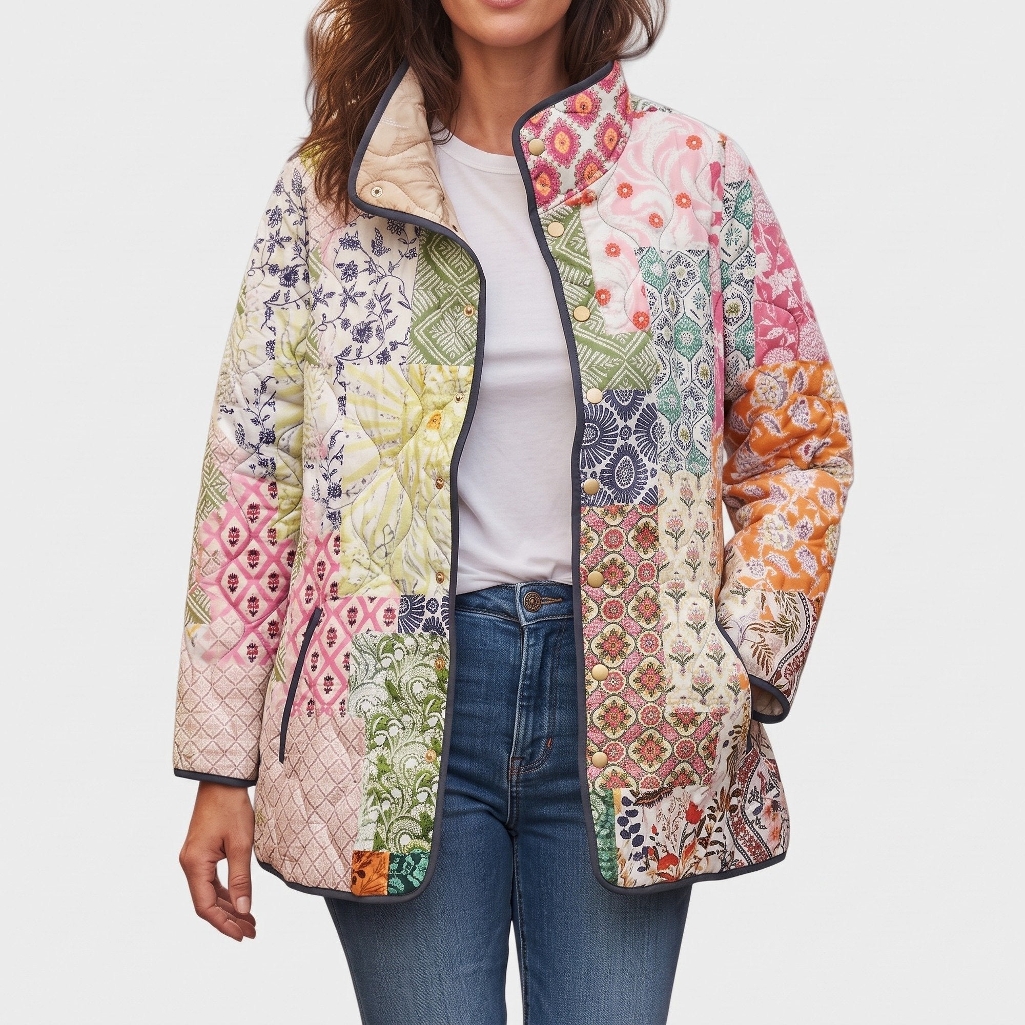 Edith pastel patchwork quilted jacket, front view