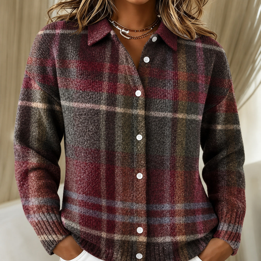 Eleanor burgundy checked knitted jacket in Multicolour, front view