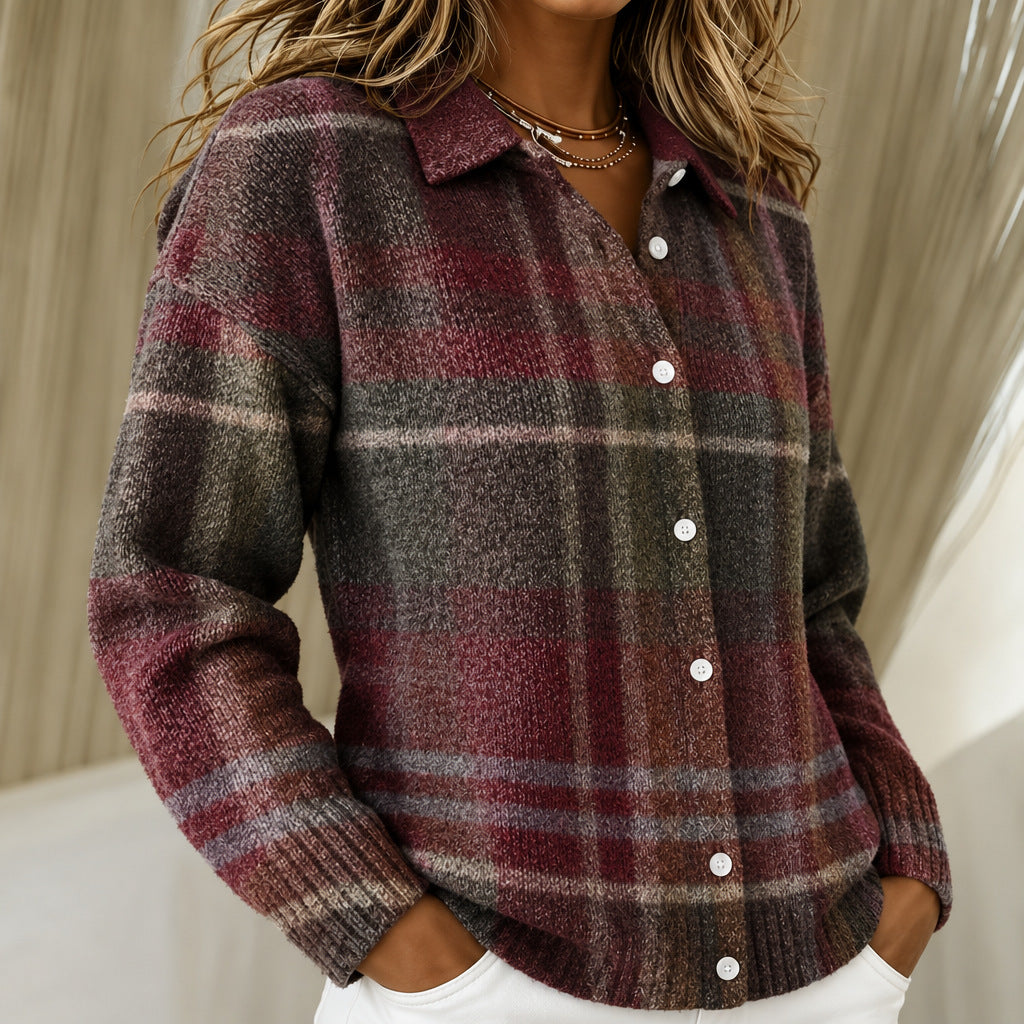 Eleanor burgundy checked knitted jacket, view 2