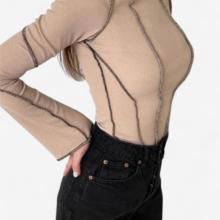 Imona long sleeve top in Khaki, view 2