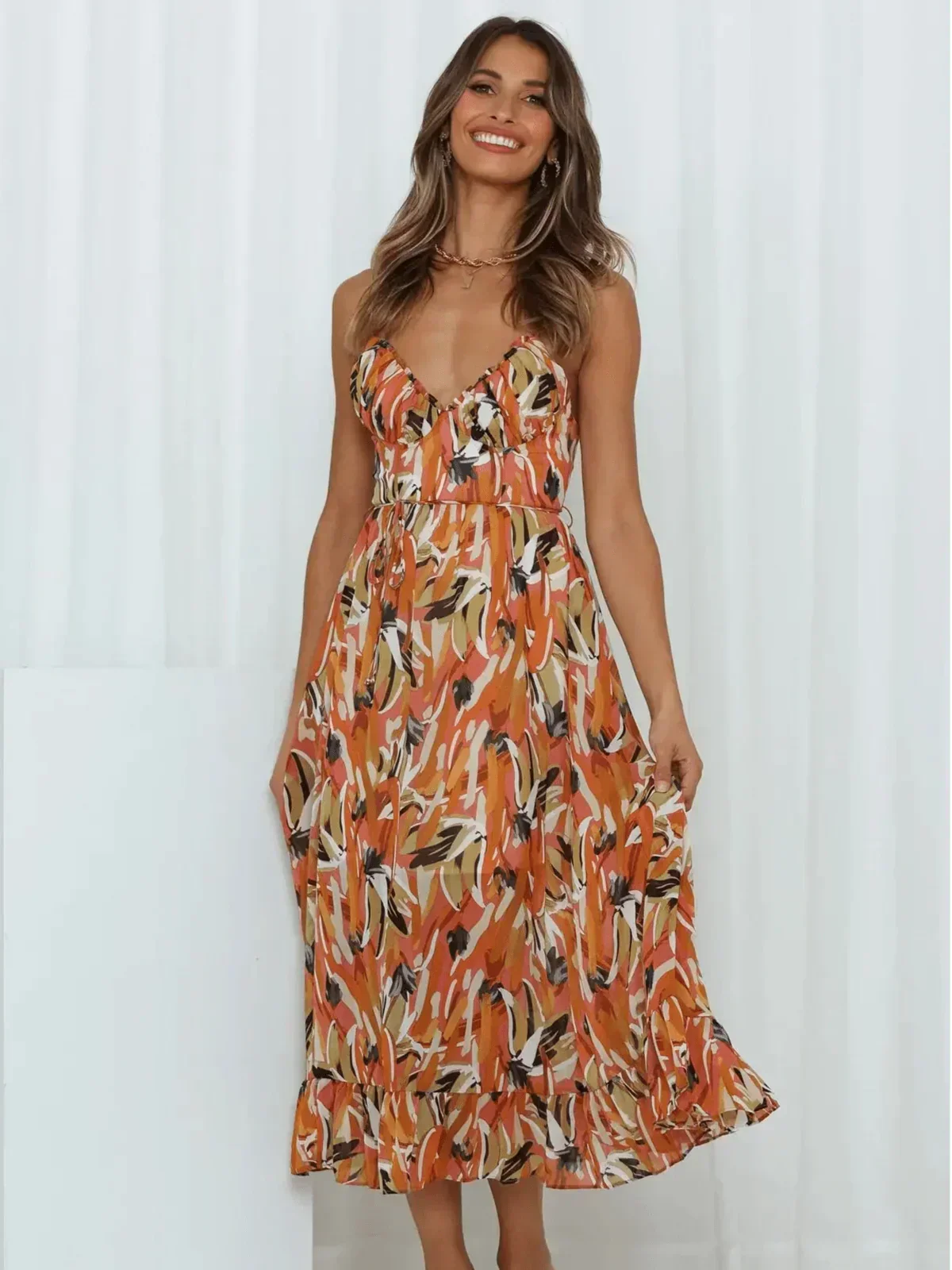 Chiara Painterly Print Midi Dress in Orange, view 13