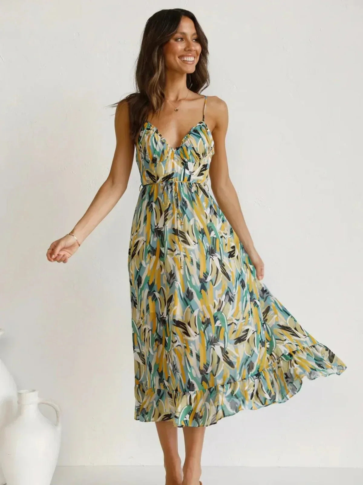 Chiara Painterly Print Midi Dress in Turquoise, view 8