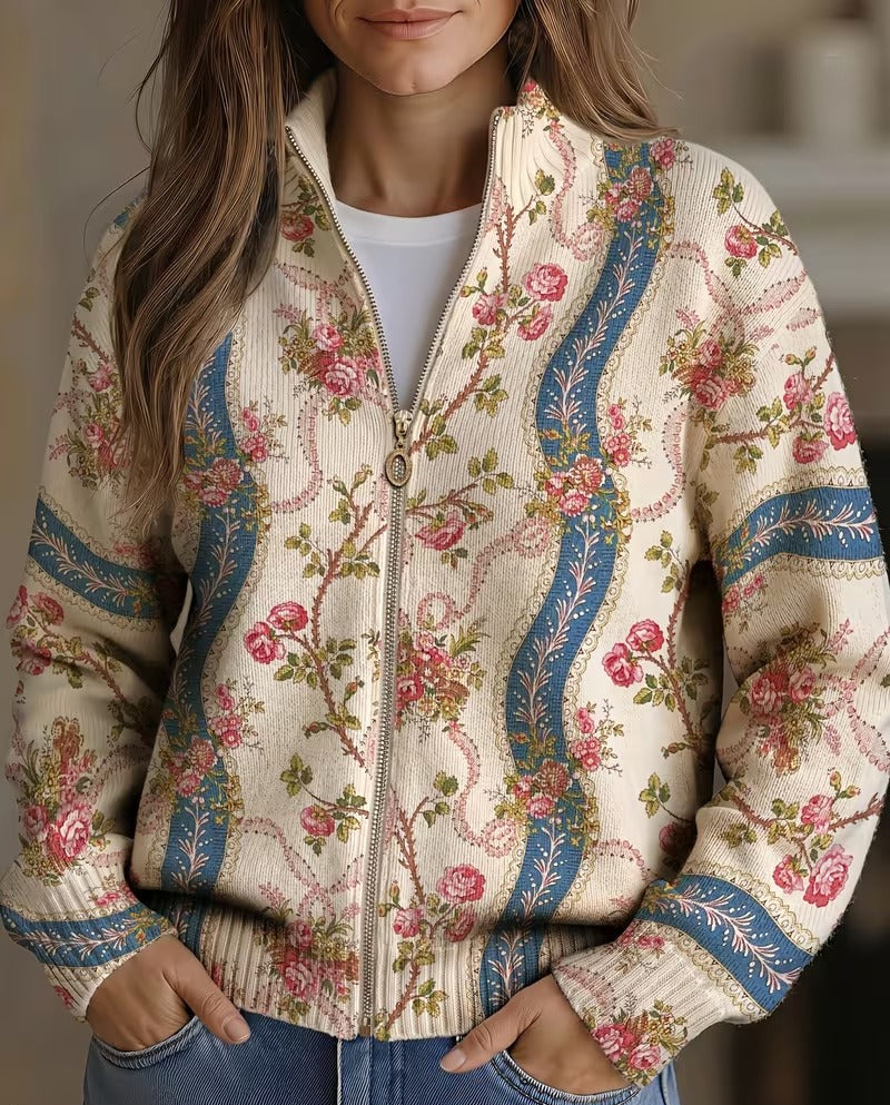 Camilla climbing rose zip-up cardigan, front view