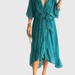 Bethany V neck belted midi dress in Blue, view 5