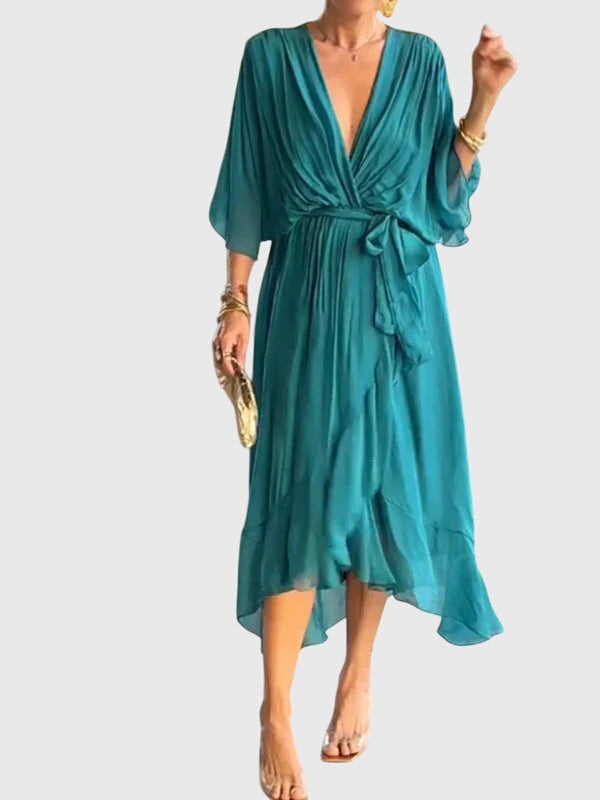 Bethany V neck belted midi dress in Blue, view 5