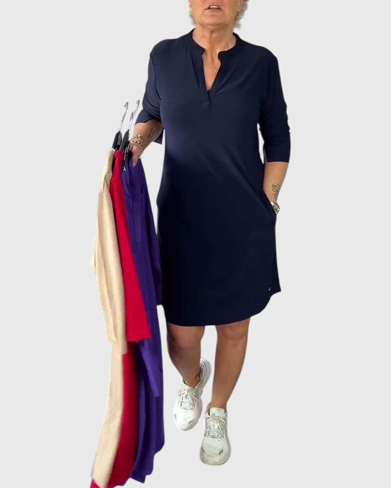 Katherine V-neck dress in Dark Blue, front view