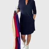 Katherine V-neck dress in Dark Blue, front view