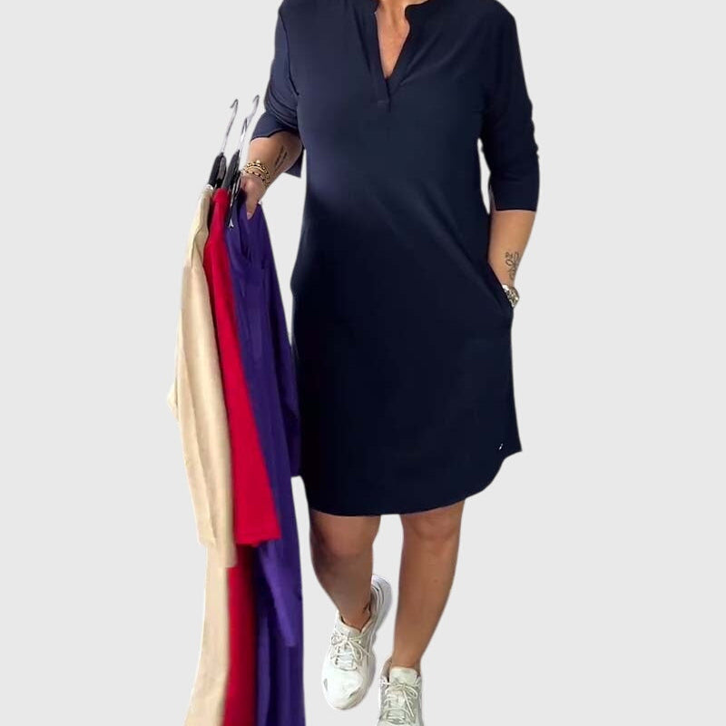 Katherine V-neck dress in Dark Blue, front view