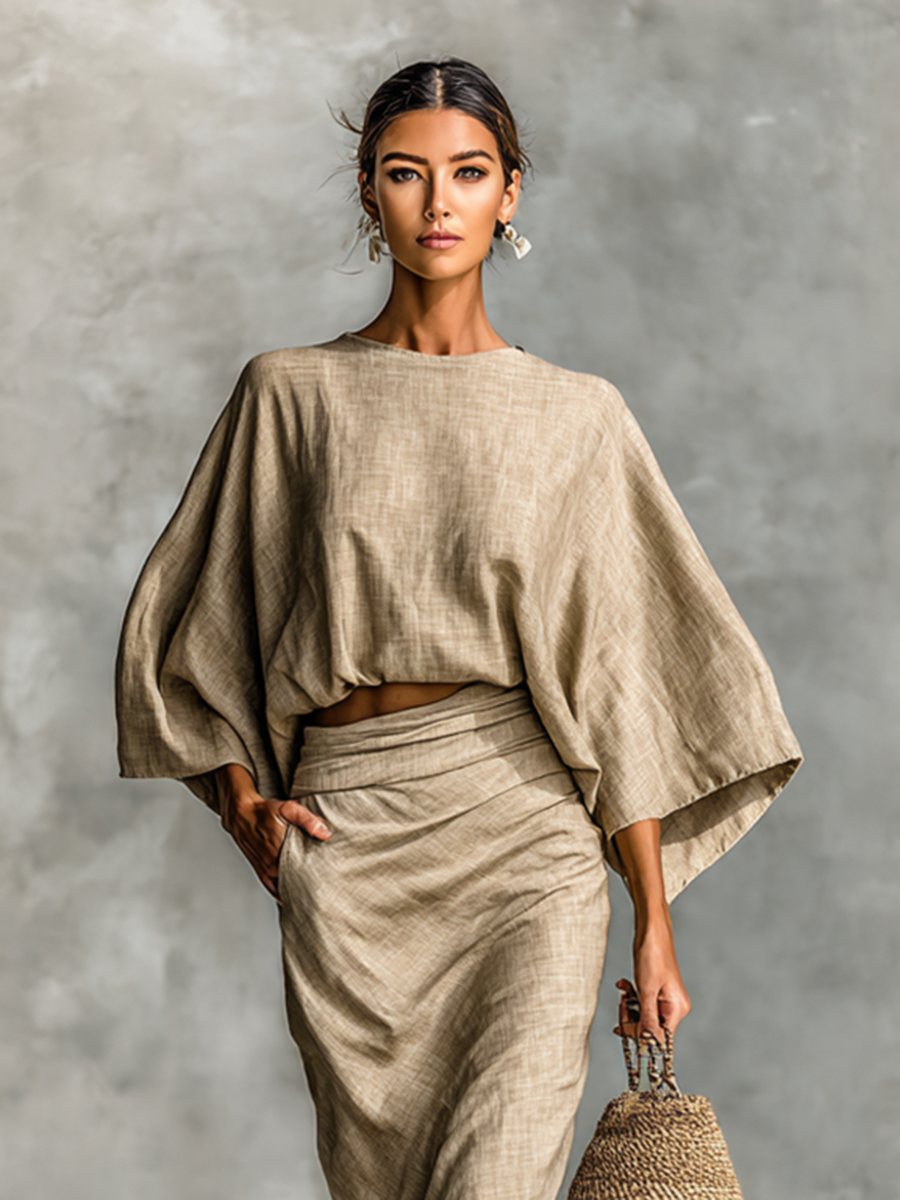 Cotton linen batwing top and skirt set, view 2