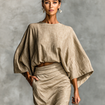 Cotton linen batwing top and skirt set, view 2