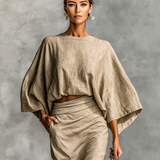 Cotton linen batwing top and skirt set, view 2