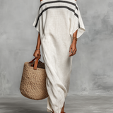 Minimalist off shoulder linen maxi dress in White, front view