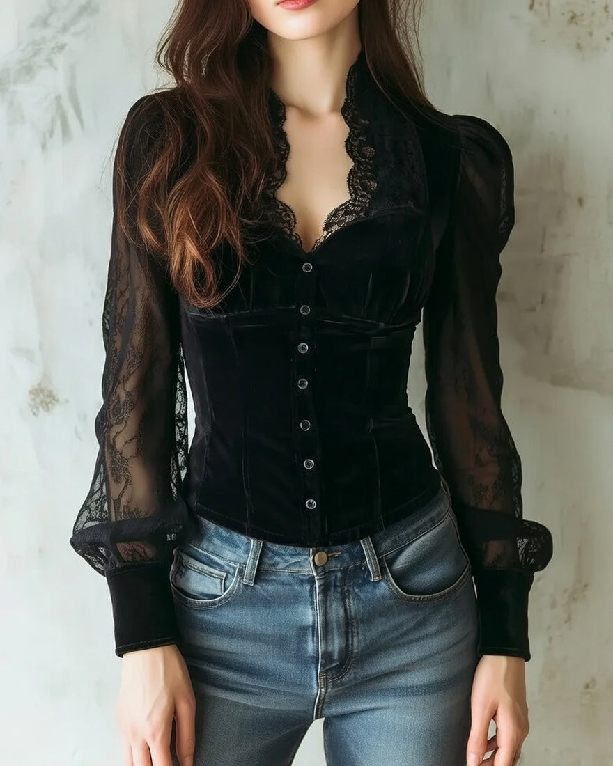 Mira Midnight black lace blouse, front view