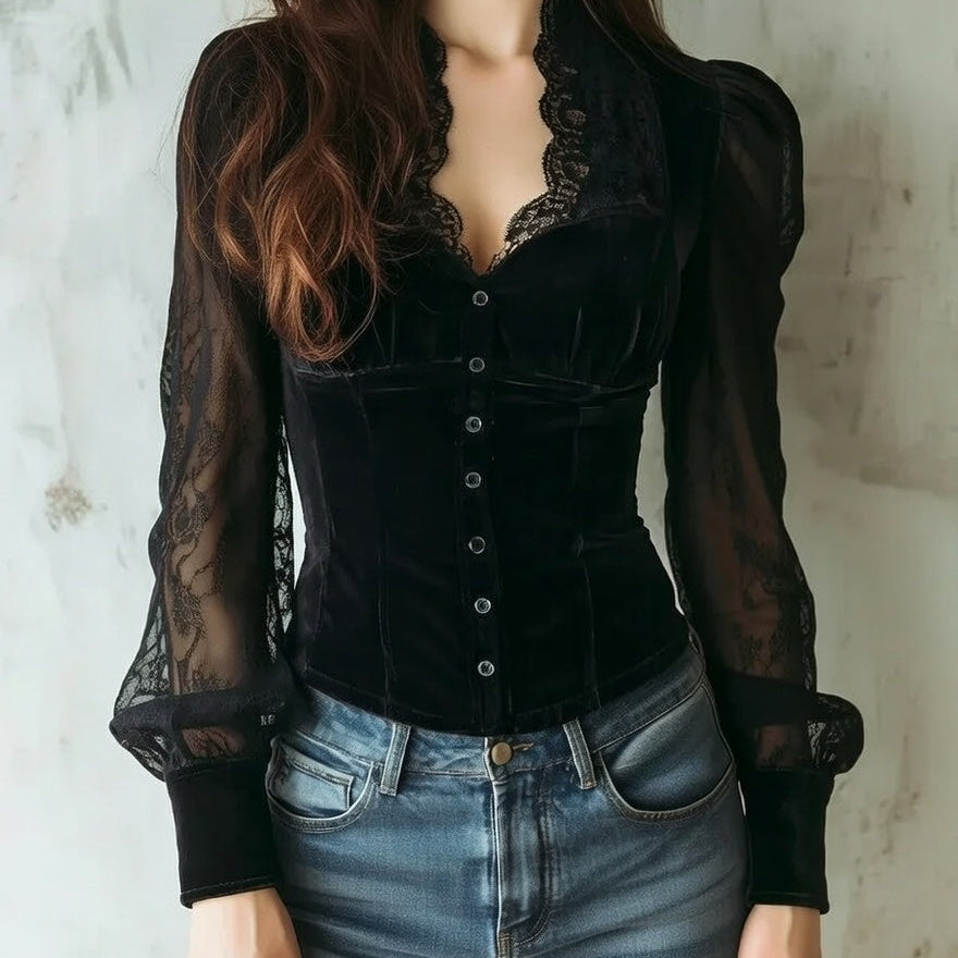 Mira Midnight black lace blouse, front view
