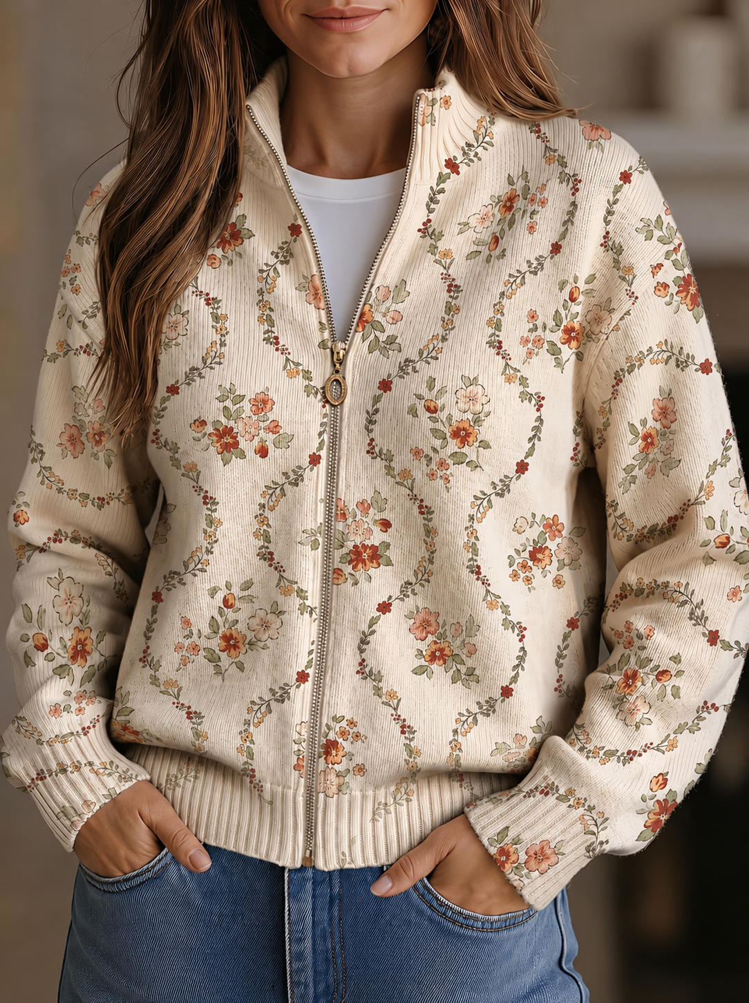 Danielle cream trailing floral zip-up cardigan, front view