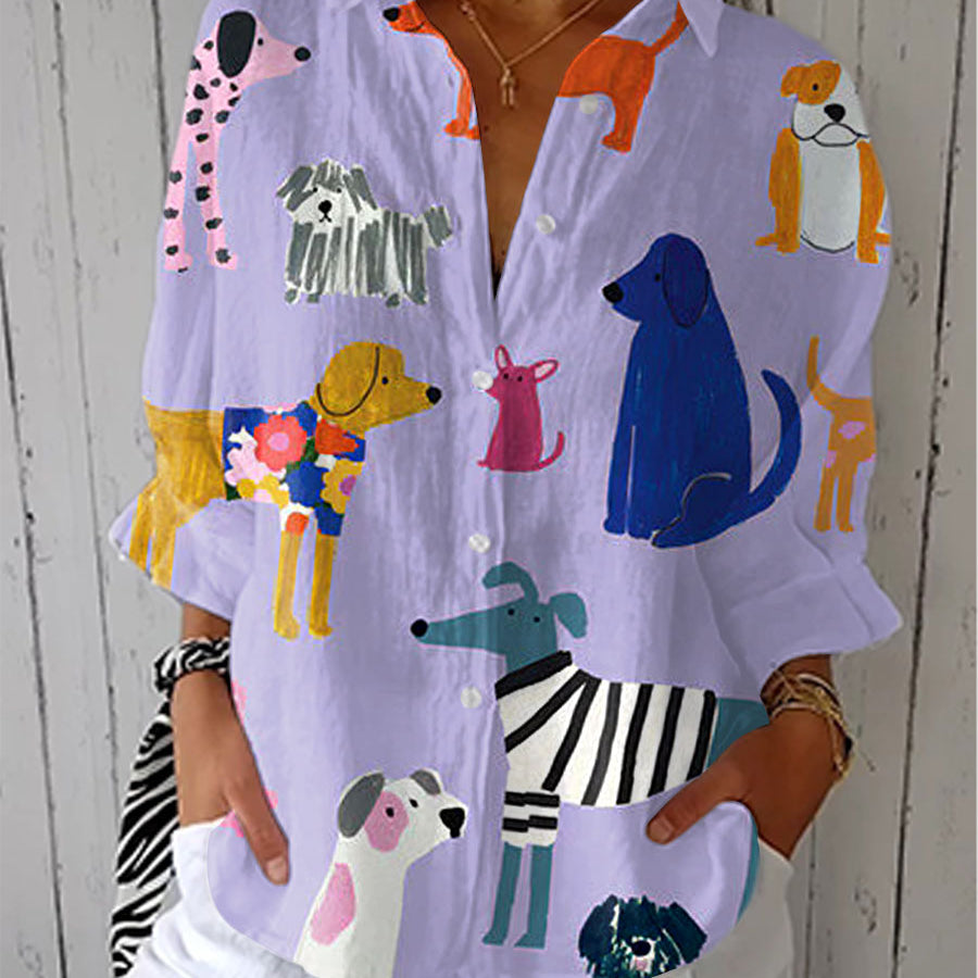 Florence playful dogs print blouse in Multicolour, front view