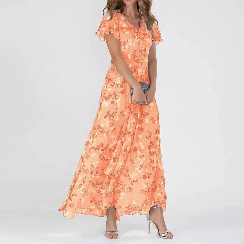Victoria elegant floral V neck maxi dress in Orange, view 2