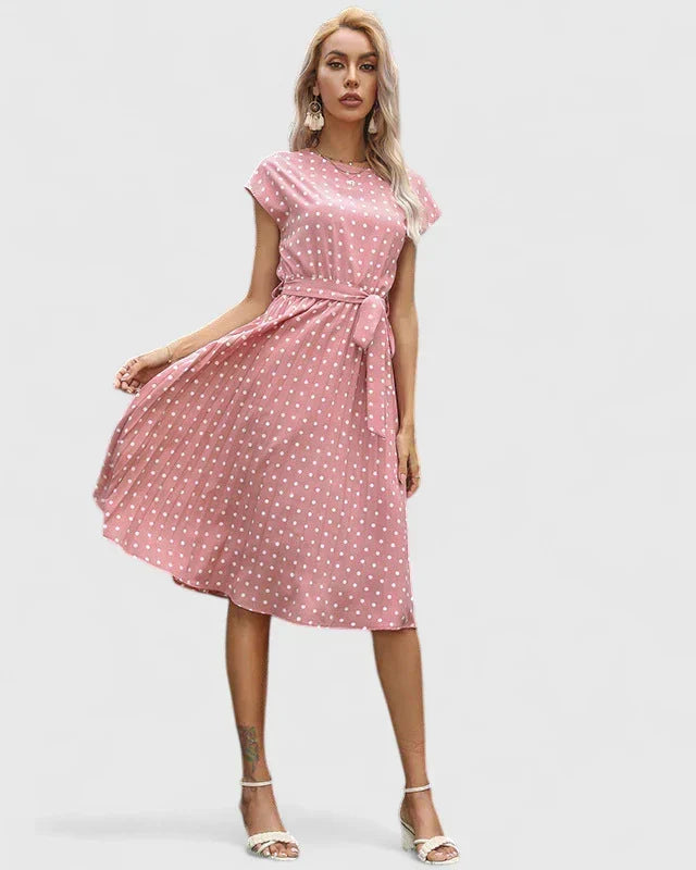 Allyzhea polka dot belted midi dress in Pink, view 4