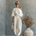 Linen off-shoulder top and trouser set, view 2