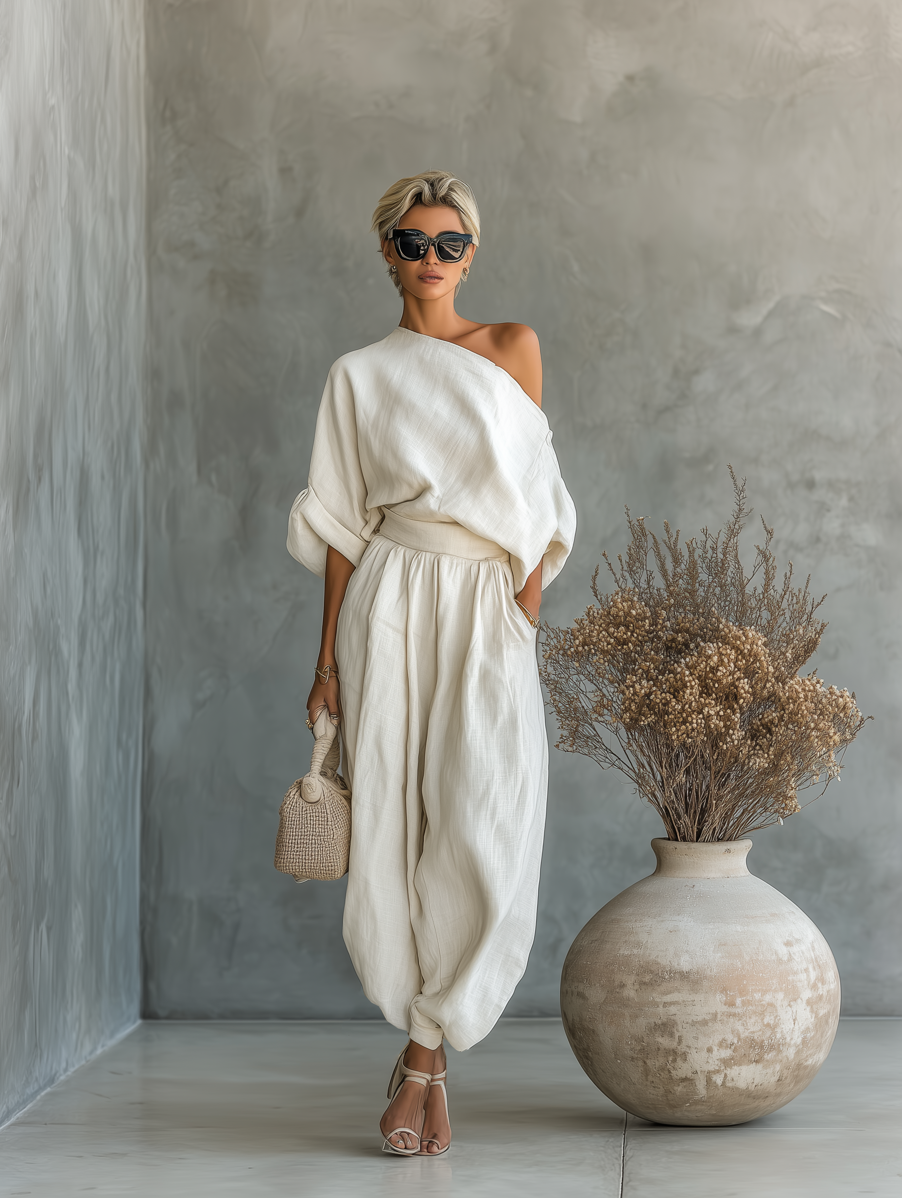 Linen off-shoulder top and trouser set, view 2