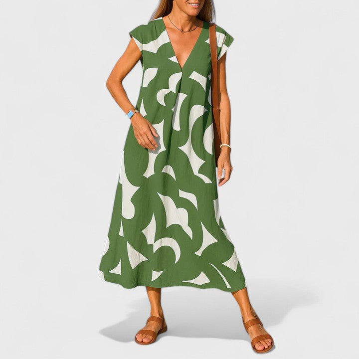 Valery lightweight V neck midi dress in Green, view 2