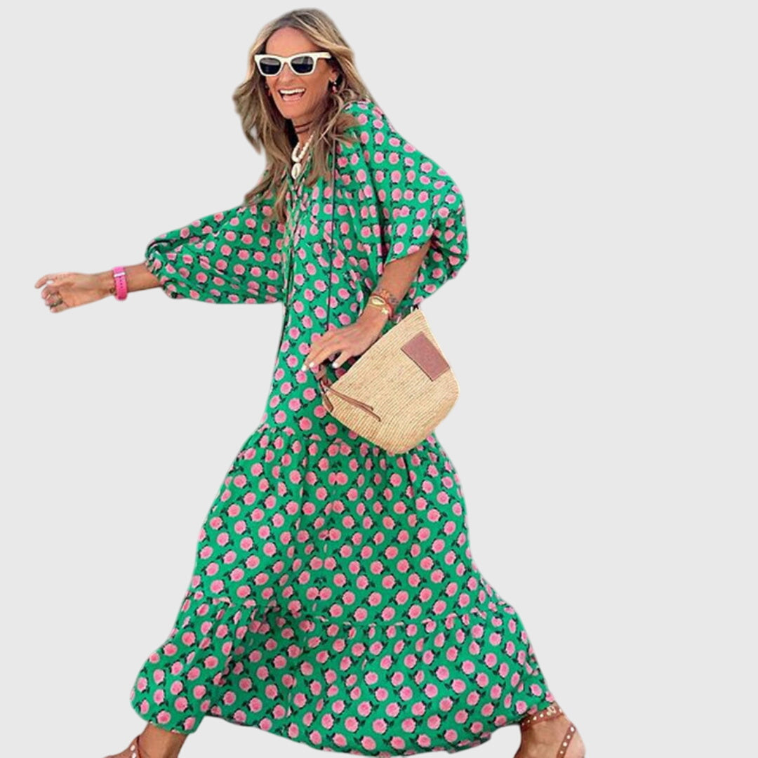 Sarah boho maxi dress in Green-Pink, front view
