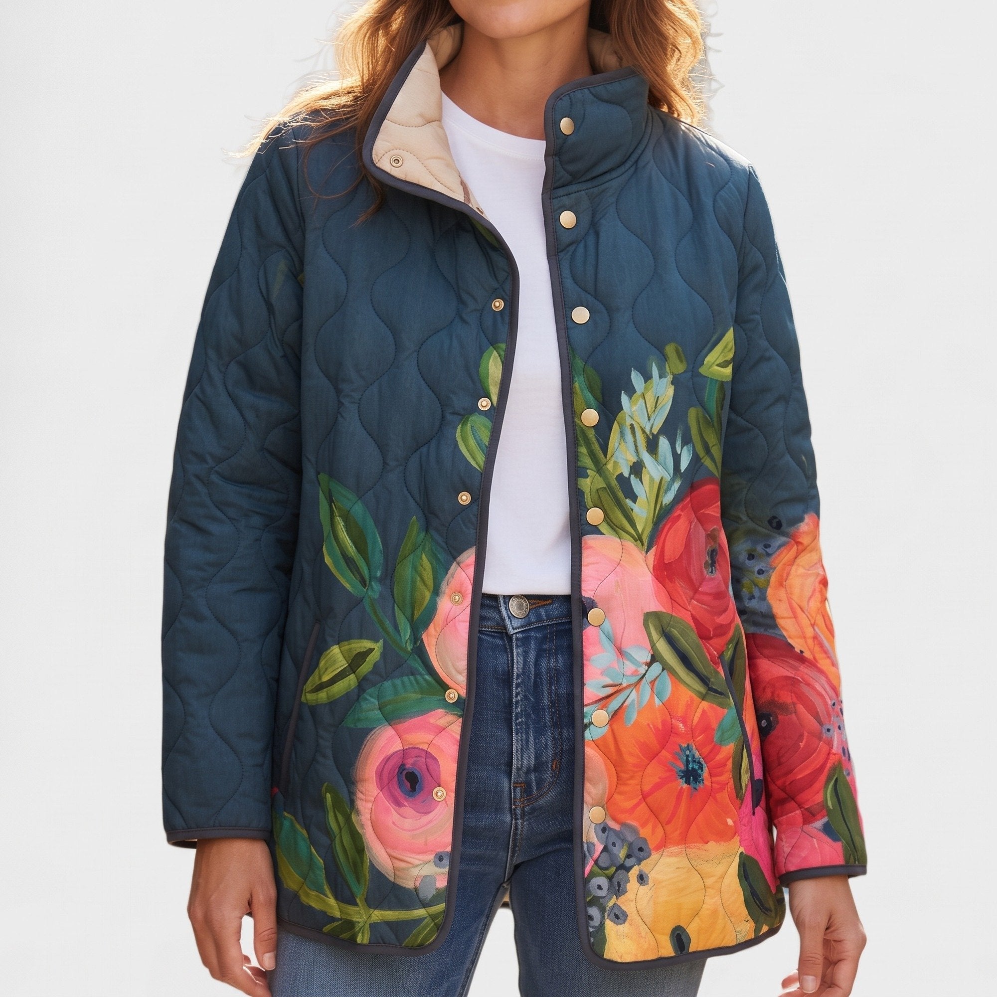 Florence navy floral quilted jacket, front view