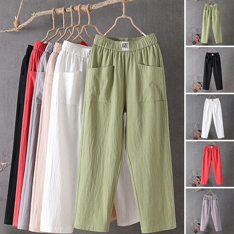 Classic cotton linen trousers with elasticated waist, front view
