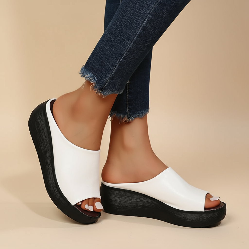 Elsie soft touch peep-toe slides in White, front view