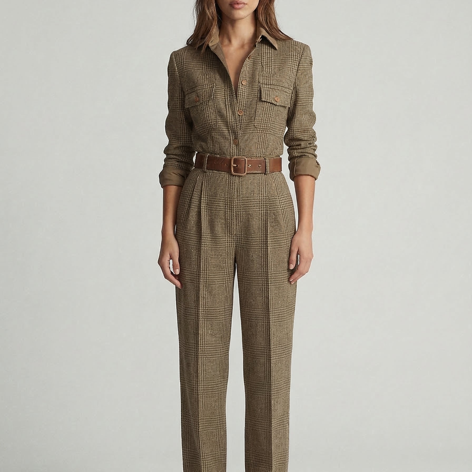 Celia checked utility jumpsuit in Brown, front view