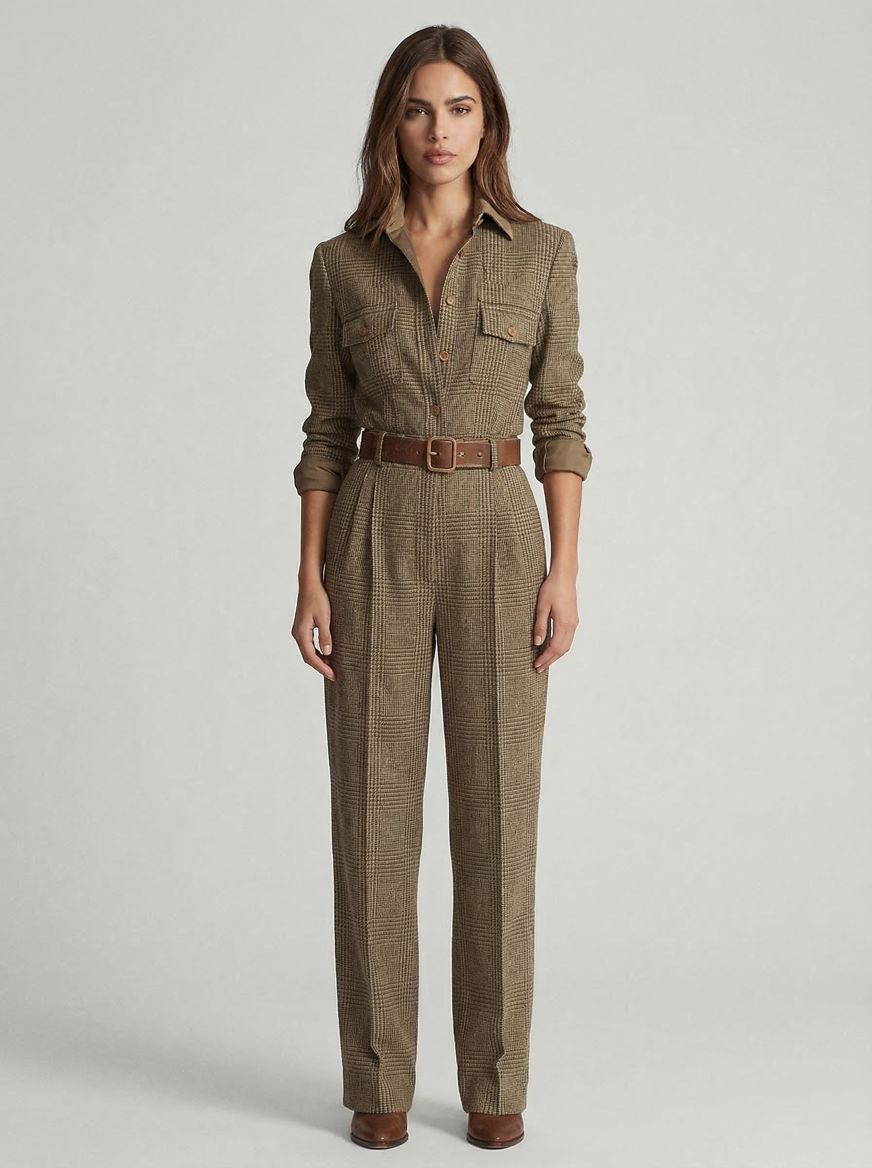 Celia checked utility jumpsuit in Brown, front view