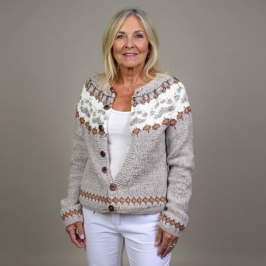 Maya oatmeal and rust Icelandic cardigan, front view