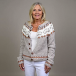 Maya oatmeal and rust Icelandic cardigan, front view