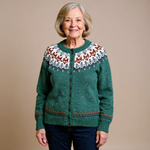 Isla teal and cream Icelandic cardigan, front view