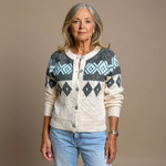 Nora cream and charcoal Icelandic cardigan, front view