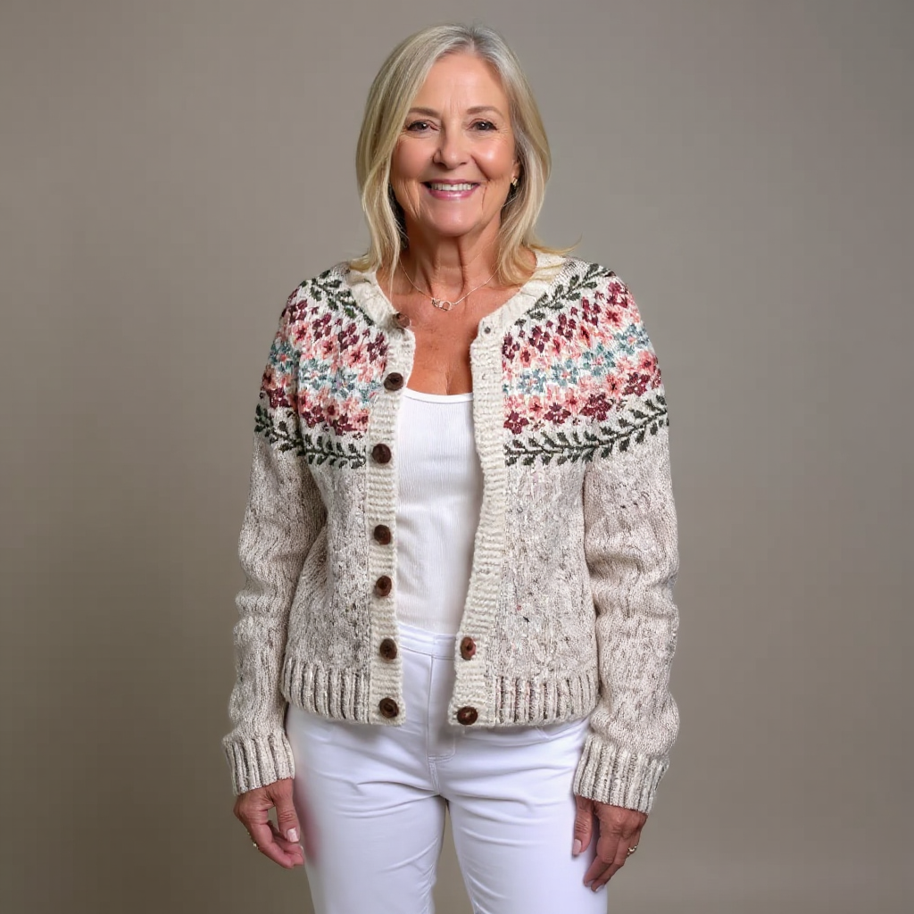 Adeline oatmeal floral Icelandic cardigan, front view