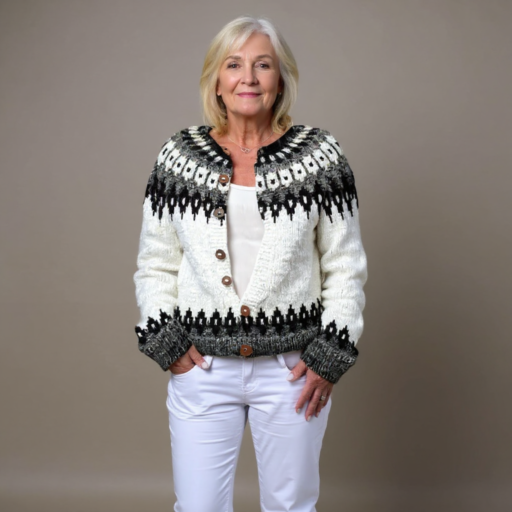 Ava cream and black Icelandic cardigan, front view