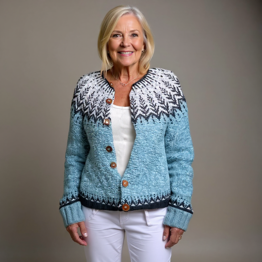 Mira pale blue snowflake Icelandic cardigan, front view