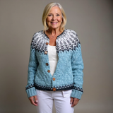 Mira pale blue snowflake Icelandic cardigan, front view